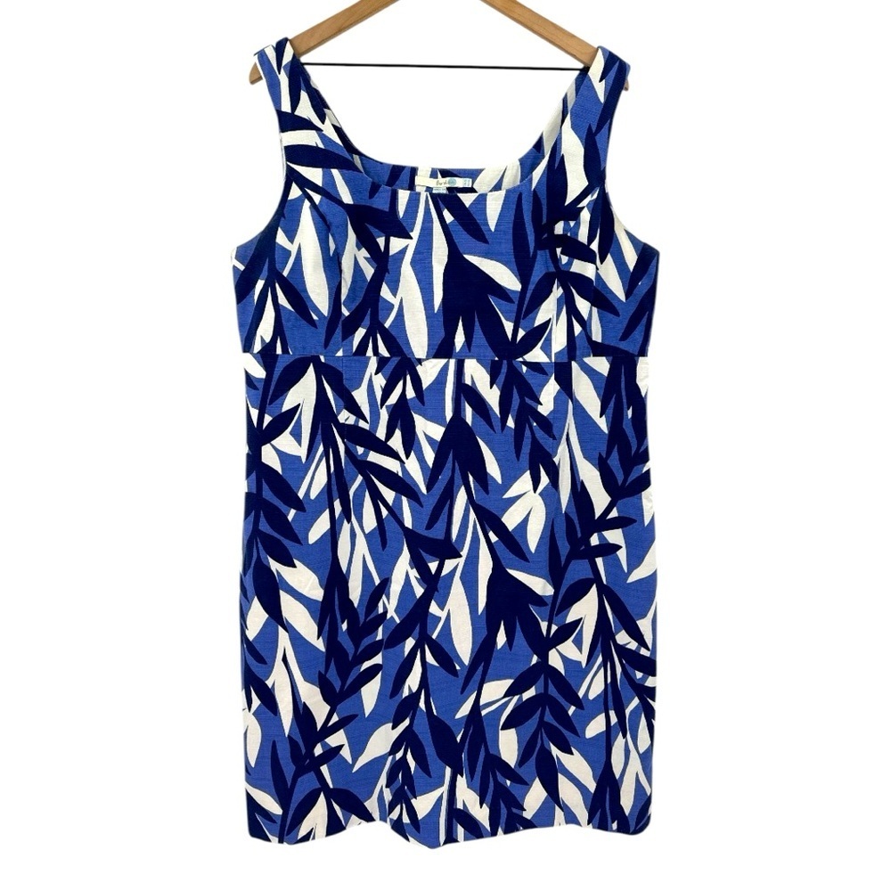 Boden Savannah Leaf Print Cotton Sheath Dress -Blue / White -Size 16 Long / Tall
